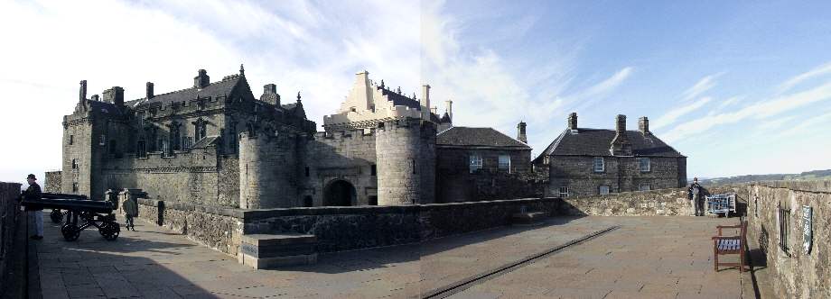 THE MAIN ENTRANCE FROM THE BATTLEMENTS. The approach road runs below these battlements
