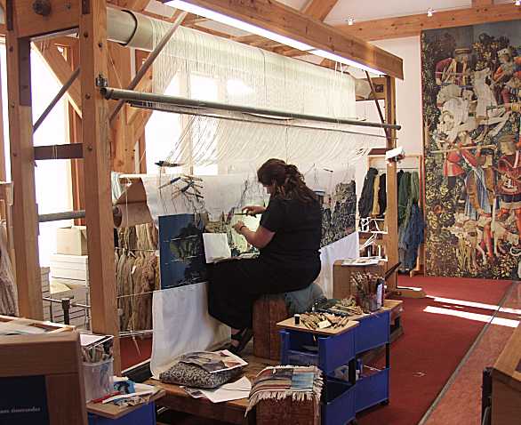 TAPESTRY WEAVER: Working on the third of six new tapestries in a series entitled The Unicorn Hunt. In medieval times, of course, people believed in the existence of unicorns (I still do!)